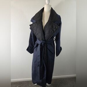 MISSGUIDED Navy Updated Trench Coat Belted Quilted Lapel Longline Brushed Jacket